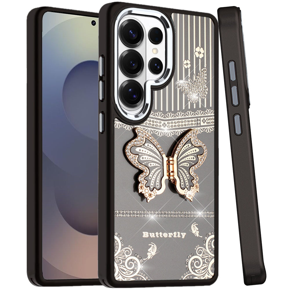For Samsung Galaxy S25 Ultra Glitter 3D Butterfly Design Bling Metallic Edge Hybrid Stand Drop Protection TPU Shockproof Case Cover