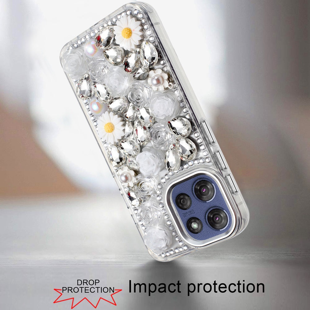 For Motorola Moto G Stylus 5G 2026 /2025 Fashion Daisy Floral Series, Full 3D Bling Crystal Diamonds Sparkling Rhinestone Glitter Hybrid Design Case Cover White