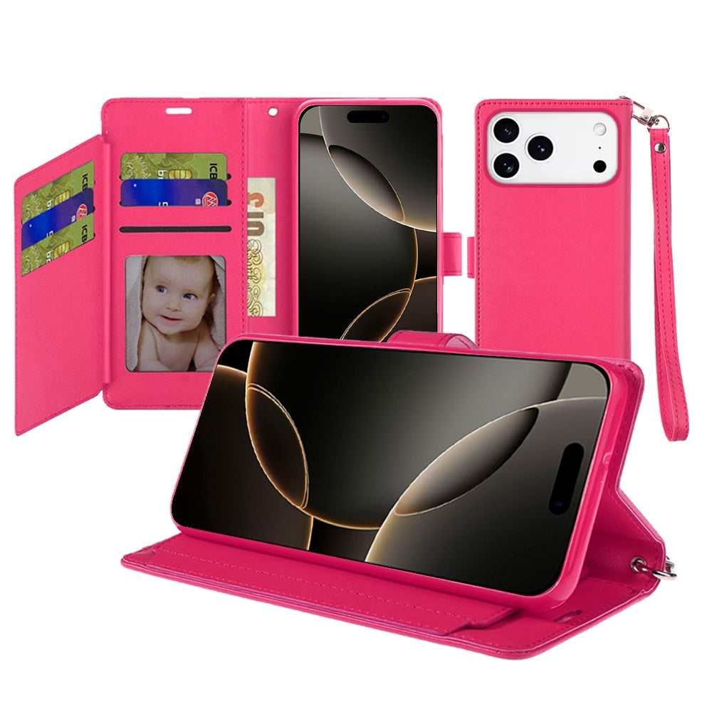 For Apple iPhone 17 Pro (6.3") Wallet Cases PU Leather with Credit Card /ID /Cash Holder Slot Dual Flip Book Pouch, Stand and Strap Case Cover