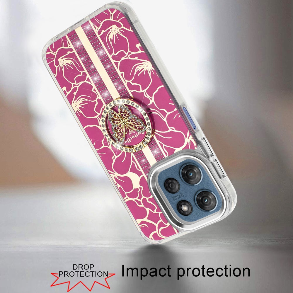 For Motorola Moto G 5G 2025 Diamonds 3D Butterfly Floral Design Bling Sparkly Glitter Hybrid Metal Fashion with Ring Stand Case Cover Hot Pink