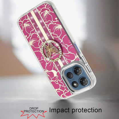 For Motorola Moto G 5G 2025 Diamonds 3D Butterfly Floral Design Bling Sparkly Glitter Hybrid Metal Fashion with Ring Stand Case Cover Hot Pink