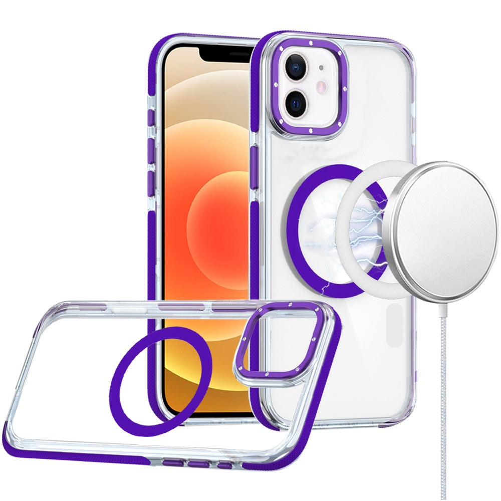 For Apple iPhone 16 Plus (6.7") Transparent back with Colorful Frame Strong Magnetic Circle [Compatible with Magsafe] Shockproof Case Cover Clear Purple