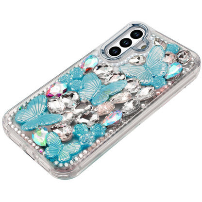 For Samsung Galaxy S23 3D Diamond Floral Butterfly Bling Stone Hybrid, Sparkly Rhinestone Gemstone Back Shockproof Case Cover
