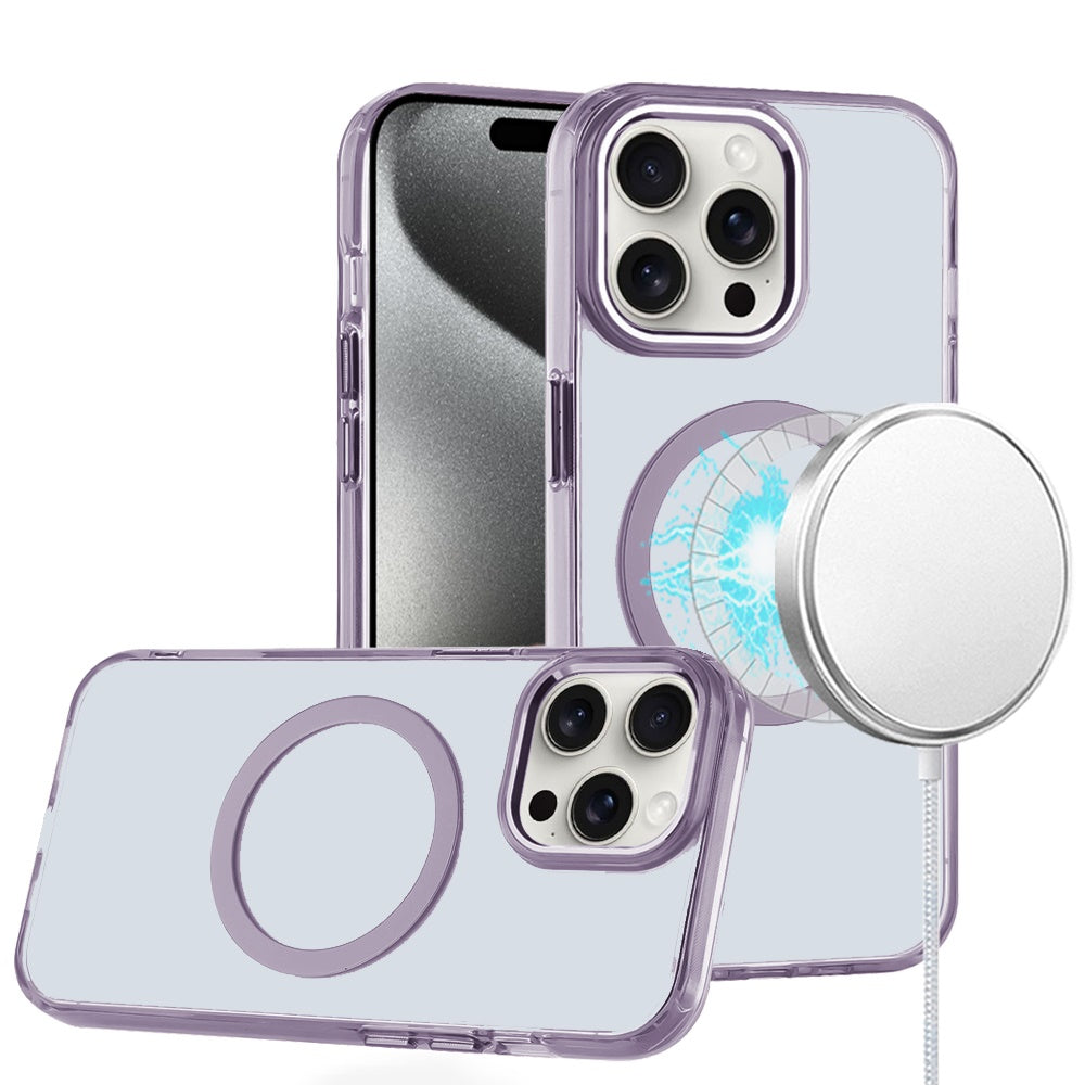 For Apple iPhone 16 (6.1") Transparent Back Hybrid Case - Magnetic Circle, Color Frame, Metal Buttons, MagSafe Compatible Case Cover Light Purple