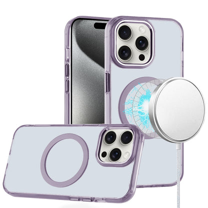 For Apple iPhone 16 (6.1") Transparent Back Hybrid Case - Magnetic Circle, Color Frame, Metal Buttons, MagSafe Compatible Case Cover Light Purple