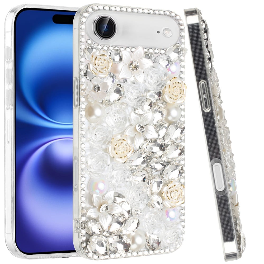 For Apple iPhone 17 Air (6.6") Fashion Rose Flower Floral Bling Crystal 3D Full Diamonds Pearl Sparkle Rhinestone Glitter Hybrid Case Cover