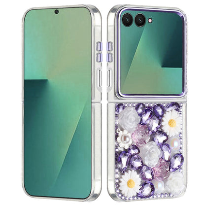 For Samsung Galaxy Z Flip 7 Fashion Daisy Floral Series, Full 3D Bling Crystal Diamonds Sparkling Rhinestone Glitter Hybrid Design Case Cover