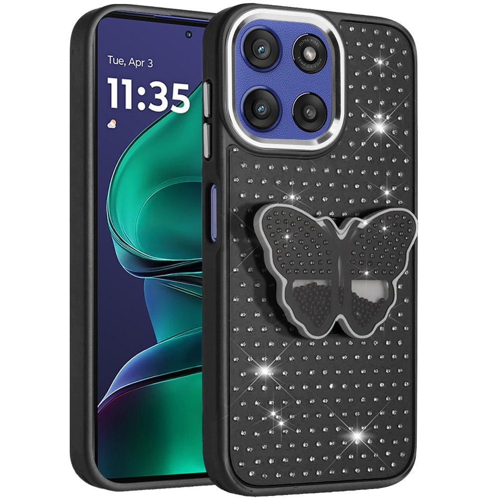 For Motorola Moto G Stylus 5G 2025 Butterfly Moveable Grip 3D Pop Stand Full Diamond Bling Sparkling TPU Fashion Hybrid Case Cover