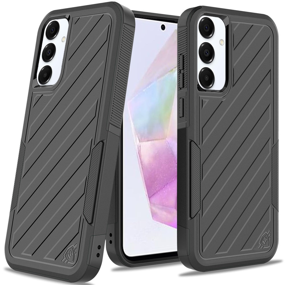 For Samsung Galaxy A36 Premium Hybrid Rugged lined Shockproof Textured 2-in-1 Non-Slip Hard PC & TPU Non Slip Tough Case Cover Black / Black