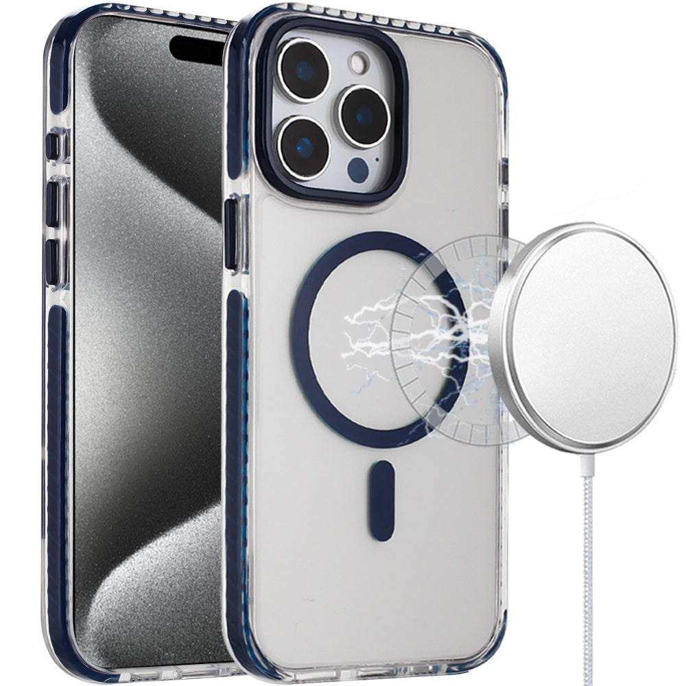 For Apple iPhone 15 Pro Max Transparent Hybrid with Color-Matched Magnetic Circle, Rubber TPU Frame Hard PC Shockproof Case Cover