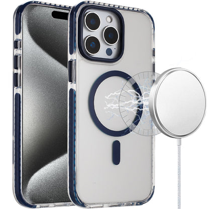 For Apple iPhone 15 Pro Max Transparent Hybrid with Color-Matched Magnetic Circle, Rubber TPU Frame Hard PC Shockproof Case Cover