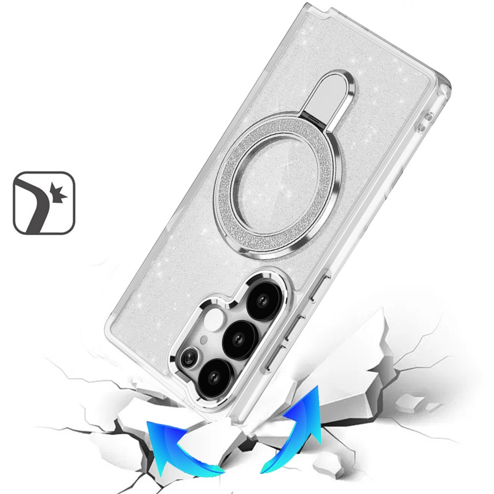 For Samsung Galaxy S25 Ultra Transparent Glitter Bling Case with Rotating Magnetic Ring Stand, Shockproof Hybrid Case Cover