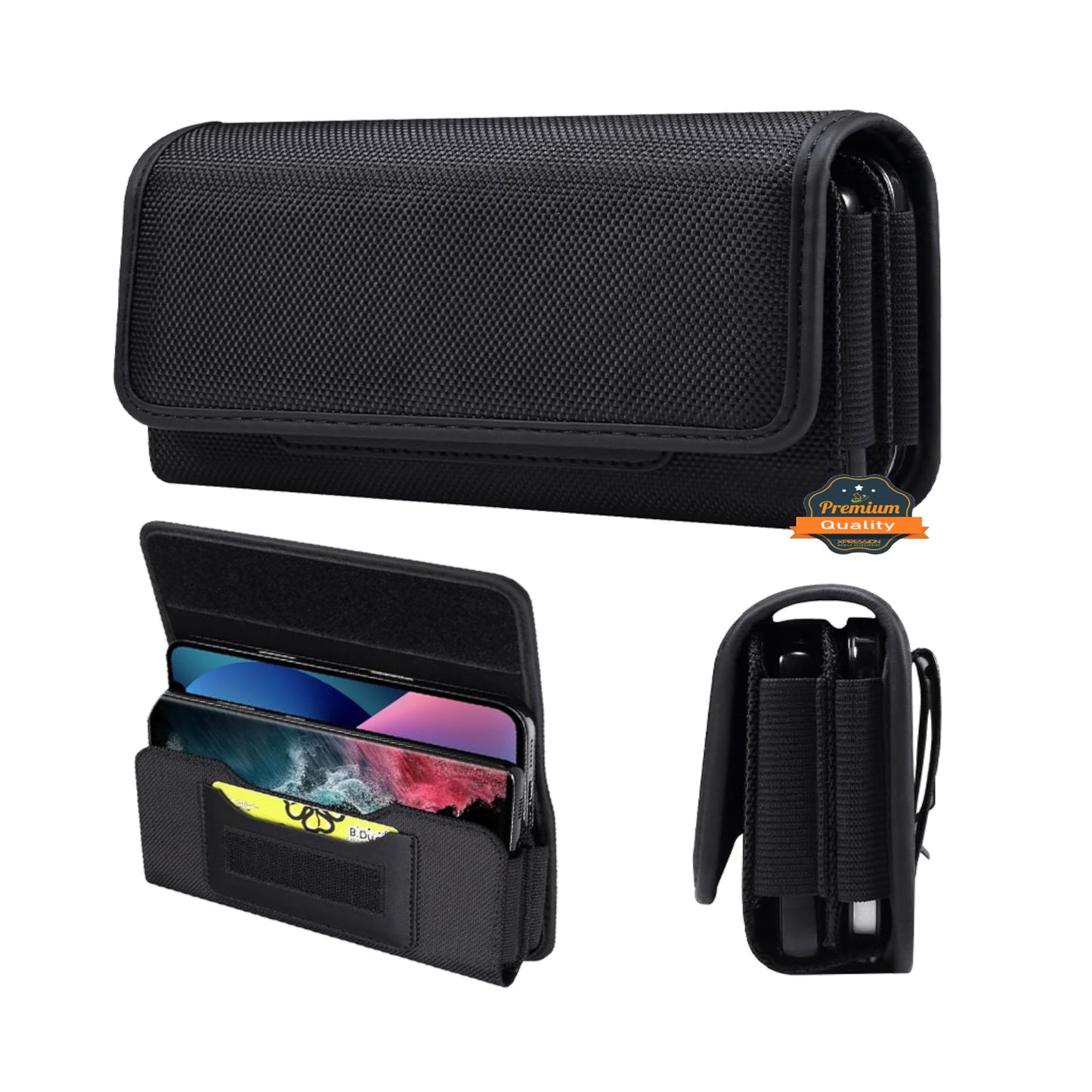 For Apple iPhone 16 Pro (6.3") Universal Dual Phone Holster Horizontal Pouch for 2 Phones, Double Decker Belt Clip Case with Credit Card Slots Wallet Cover [Black]