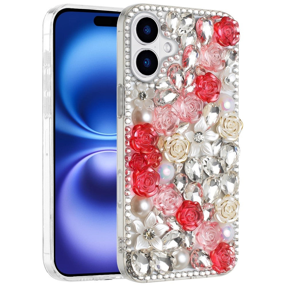 For Apple iPhone 17 (6.3") Fashion Rose Flower Floral, 3D Bling Crystal Full Diamonds Pearl Sparkle Rhinestone Glitter Hybrid Case Cover