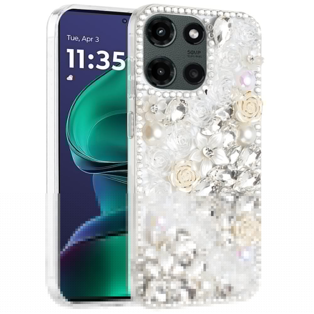 For Motorola Moto G Stylus 5G 2026 /2025 Fashion Rose Flower Floral, 3D Bling Crystal Full Diamonds Pearl Sparkle Rhinestone Glitter Hybrid Case Cover
