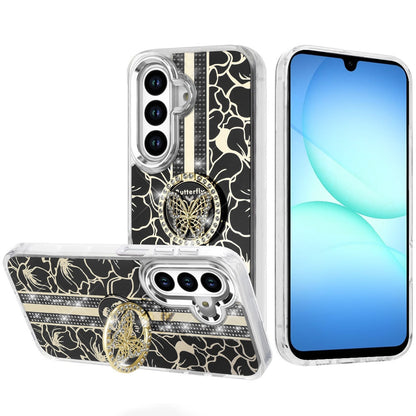 For Samsung Galaxy A17 5G Diamonds 3D Butterfly Floral Design Bling Sparkly Glitter Hybrid Metal Fashion with Ring Stand Case Cover
