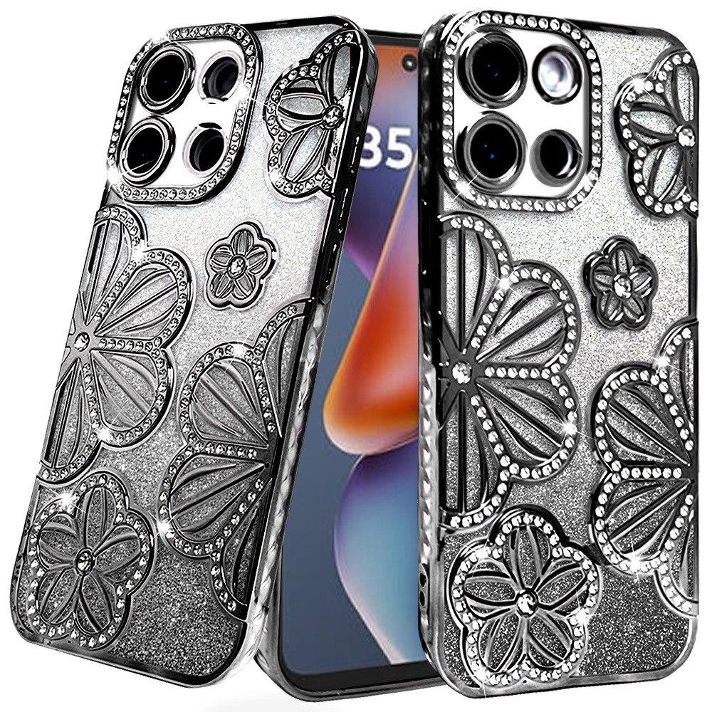 For Motorola Edge 2025 Luxury Flower Design Sparkle Glitter Diamond Rhinestone Shimmer Bling Plating Thick TPU Hard PC Case Cover