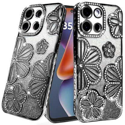 For Motorola Edge 2025 Luxury Flower Design Sparkle Glitter Diamond Rhinestone Shimmer Bling Plating Thick TPU Hard PC Case Cover