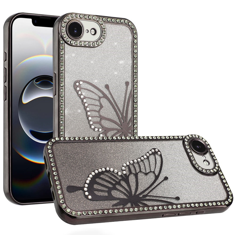 For Apple iPhone 17E /16E Butterfly Glitter Diamond Shimmer Hybrid Slim & Stylish Electroplated Sparkly Bling Shockproof TPU Protective Case Cover Black