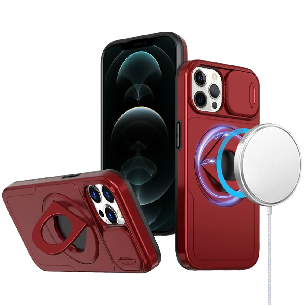 For Samsung Galaxy S21 FE /Fan Edition Full Coverage with Camera Window, Magnetic Circle, Rotatable Ring Stand, MagSafe Compatible, Shockproof Hybrid Protectiv Case Cover Red