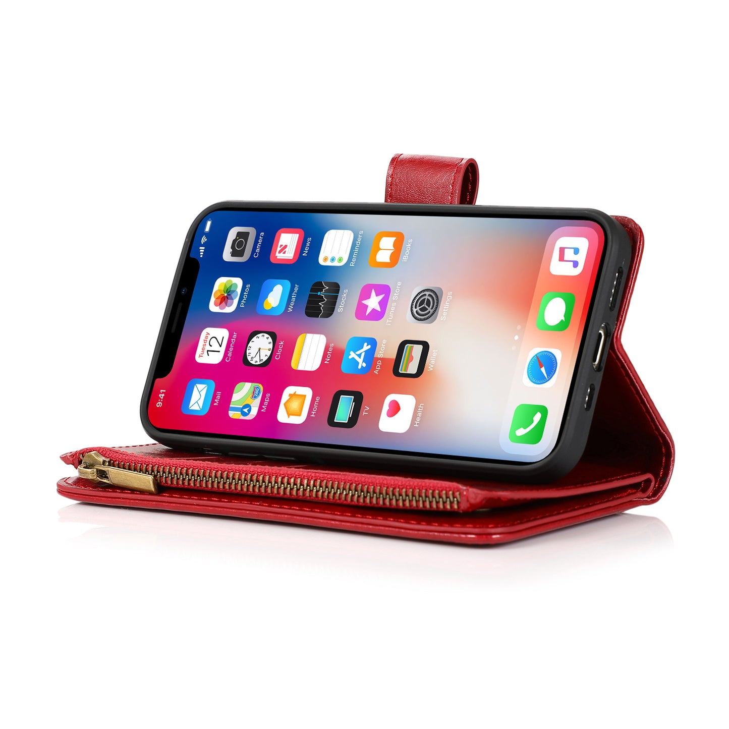 For Apple iPhone 16 Pro Max (6.9") Premium Leather Zipper Wallet with Credit Card Slots Money Pocket Luxury Clutch Pouch Stand & Strap Case Cover Red