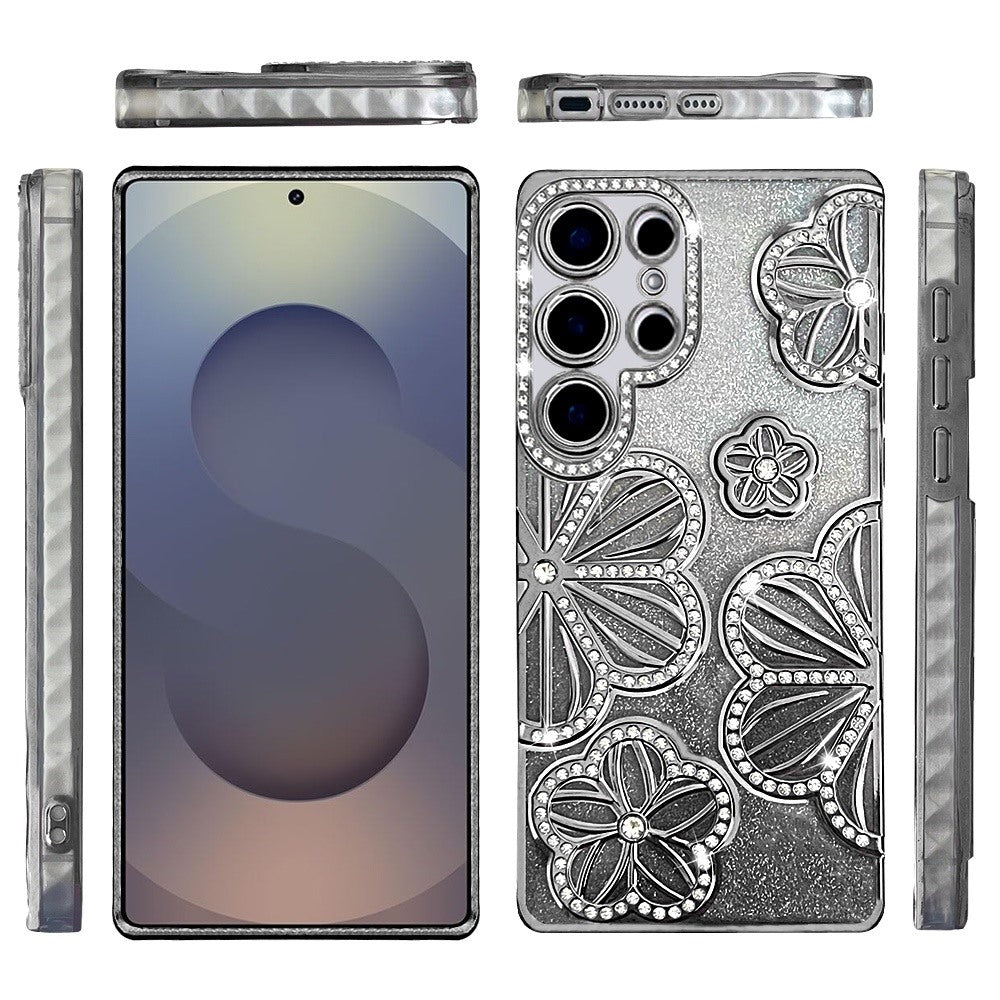 For Samsung Galaxy S26 Ultra Luxury Flower Design Sparkle Glitter Diamond Rhinestone Shimmer Bling Plating Thick TPU Hard PC Case Cover