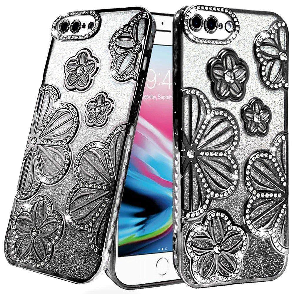 For iPhone 8 Plus / iPhone 7 Plus Luxury Flower Design Sparkle Glitter Diamond Rhinestone Shimmer Bling Plating Thick TPU Hard PC Case Cover Silver