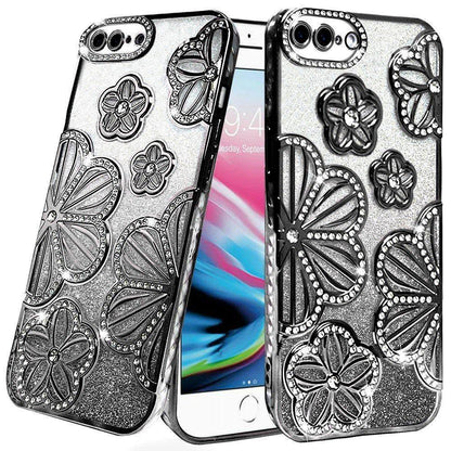 For iPhone 8 Plus / iPhone 7 Plus Luxury Flower Design Sparkle Glitter Diamond Rhinestone Shimmer Bling Plating Thick TPU Hard PC Case Cover Silver