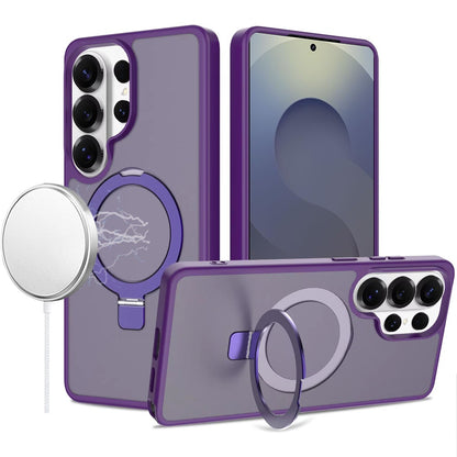 For Samsung Galaxy S25 Ultra Magnetic Circle Back with Ring Stand Full Rotation Matte Hybrid Shockproof Case Cover Cosmic Orange