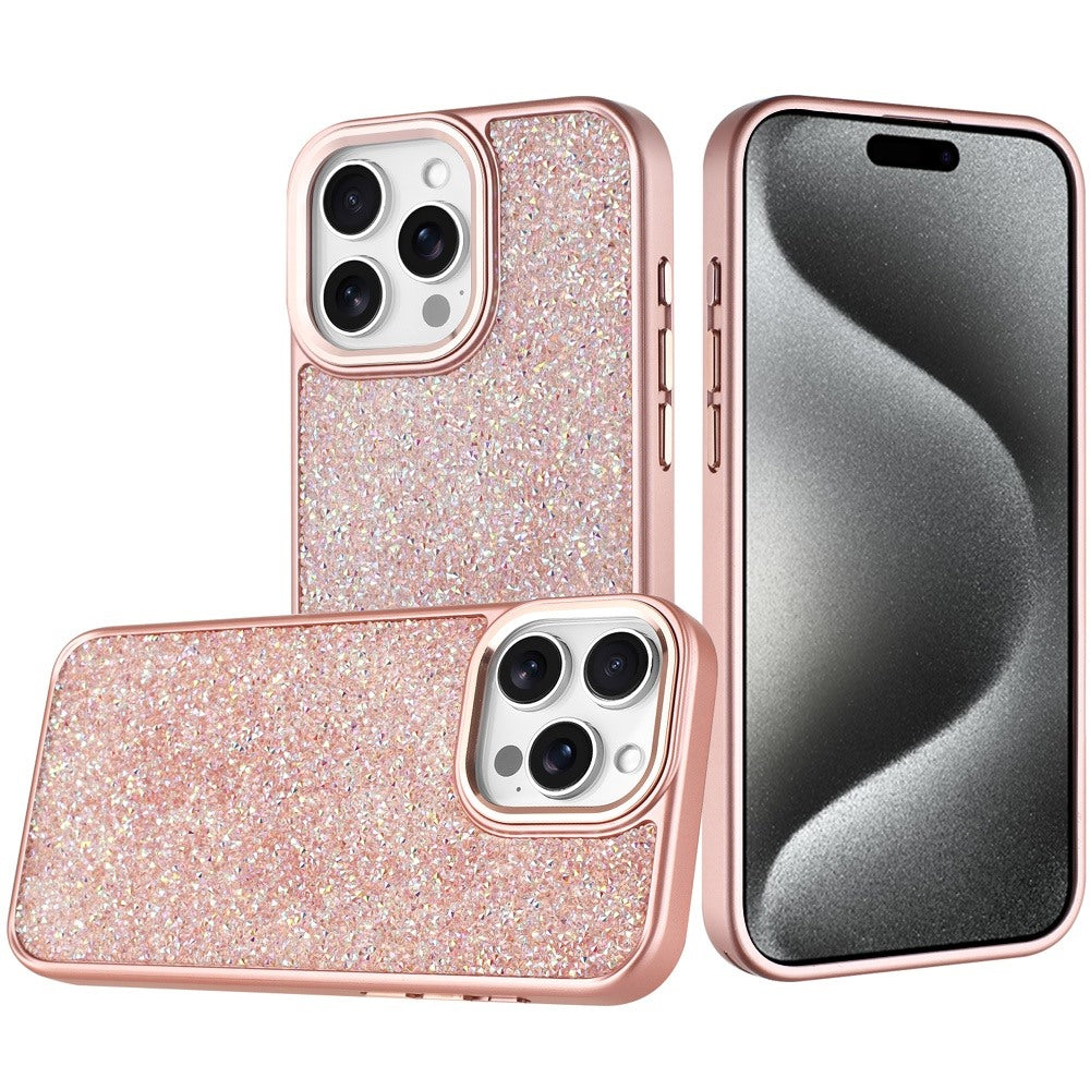 For Apple iPhone 15 Pro Max Crystal Sparkle Diamond Glass Full Mini Glitter Bling Frame TPU Hybrid Protective Case Cover