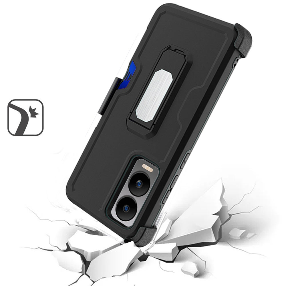 For Apple iPhone 16 (6.1") Armor Shockproof Belt Clip Holster with Credit Card Holder, Kickstand Protective Full Body Heavy Duty Hybrid Case Cover Black