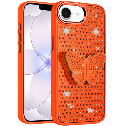 Phone Case for Apple iPhone 17E /16E Butterfly Grip Pop Stand Diamond Sparkle Hybrid Shockproof Metal Button Slim Protective Grip Decorative Design Cover Cosmic Orange