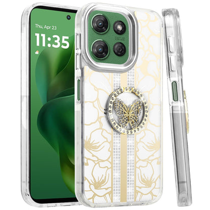 For Motorola Edge 2025 Diamonds 3D Butterfly Floral Design Bling Sparkly Glitter Hybrid Metal Fashion with Ring Stand Case Cover
