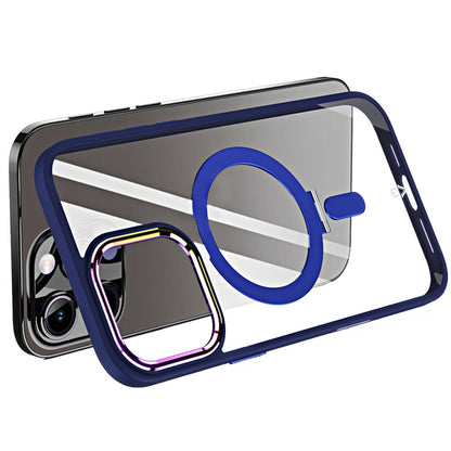 For Apple iPhone 16 Pro Magnetic Ring Stand Hybrid MagSafe Compatible Shockproof Protection Transparent Back Alloy Chrome Grip Case Cover Navy Blue