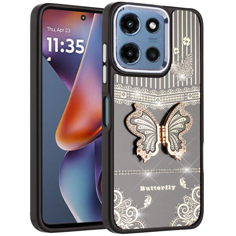 For Samsung Galaxy A37 Glitter 3D Butterfly Design Bling Metallic Edge Hybrid Stand Drop Protection TPU Shockproof Case Cover