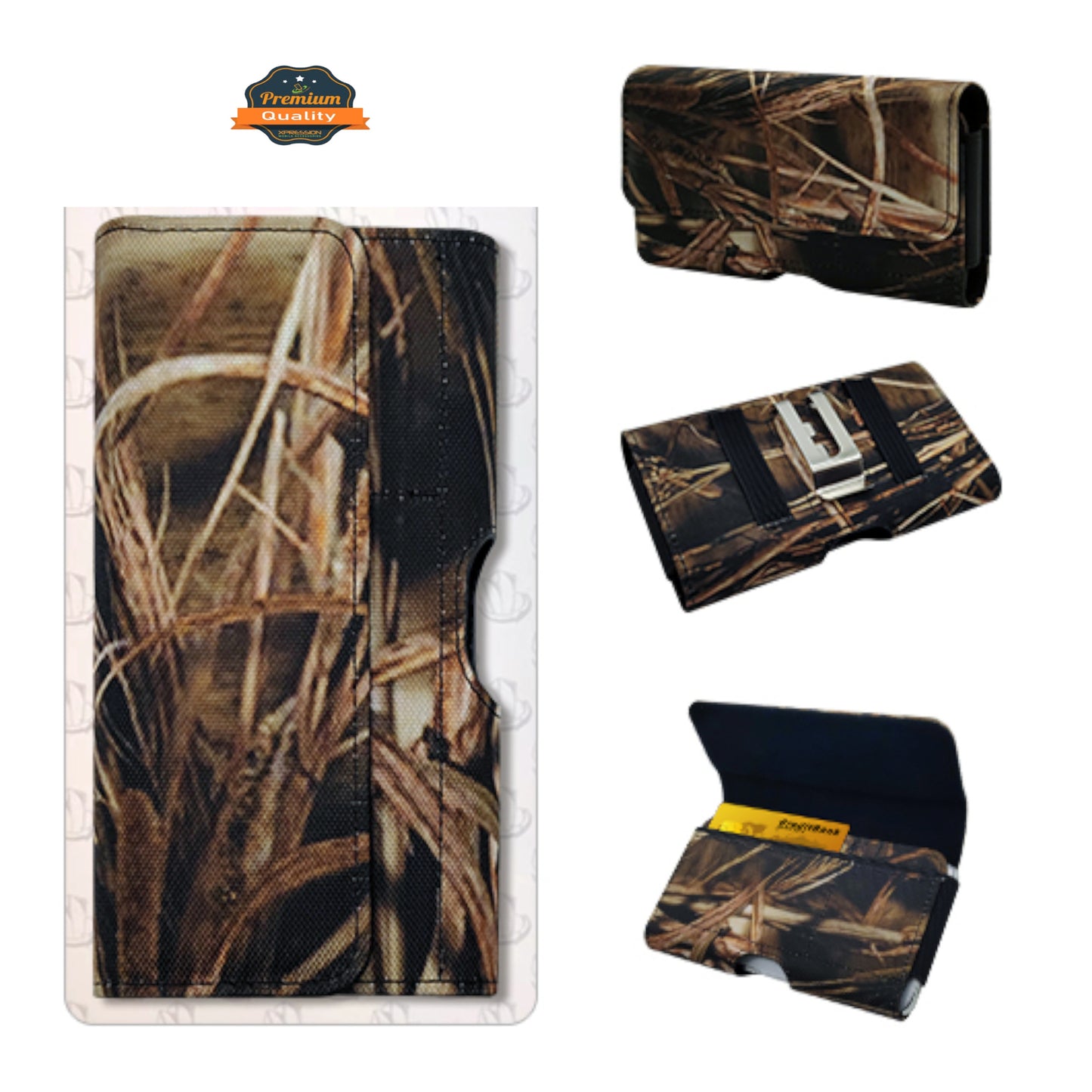 For Apple iPhone 16 (6.1") Universal Camo Leather Horizontal Holster Pouch with Credit Card Slots Wallet & Belt Loop Clip Carrying (Fits 6.1 inch) [Camouflage]