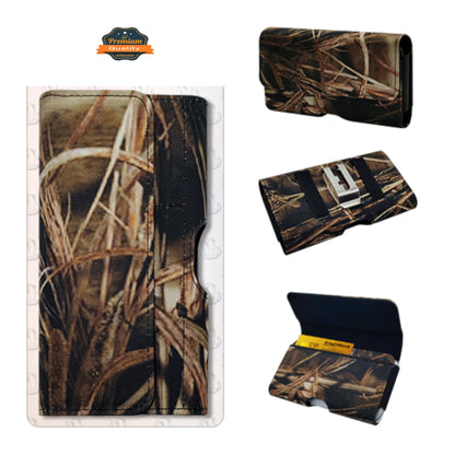 For Apple iPhone 16 Pro (6.3") Universal Camo Leather Horizontal Holster Pouch with Credit Card Slots Wallet & Belt Loop Clip Carrying (Fits 6.7 inch Phone) [Camouflage]