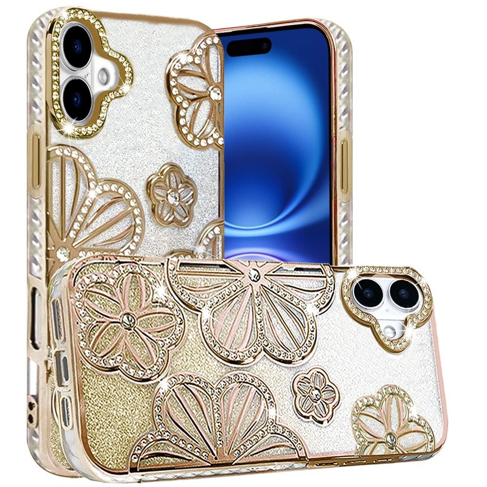 For Apple iPhone 17 (6.3") Luxury Flower Design Sparkle Glitter Diamond Rhinestone Shimmer Bling Plating Thick TPU Hard PC Case Cover