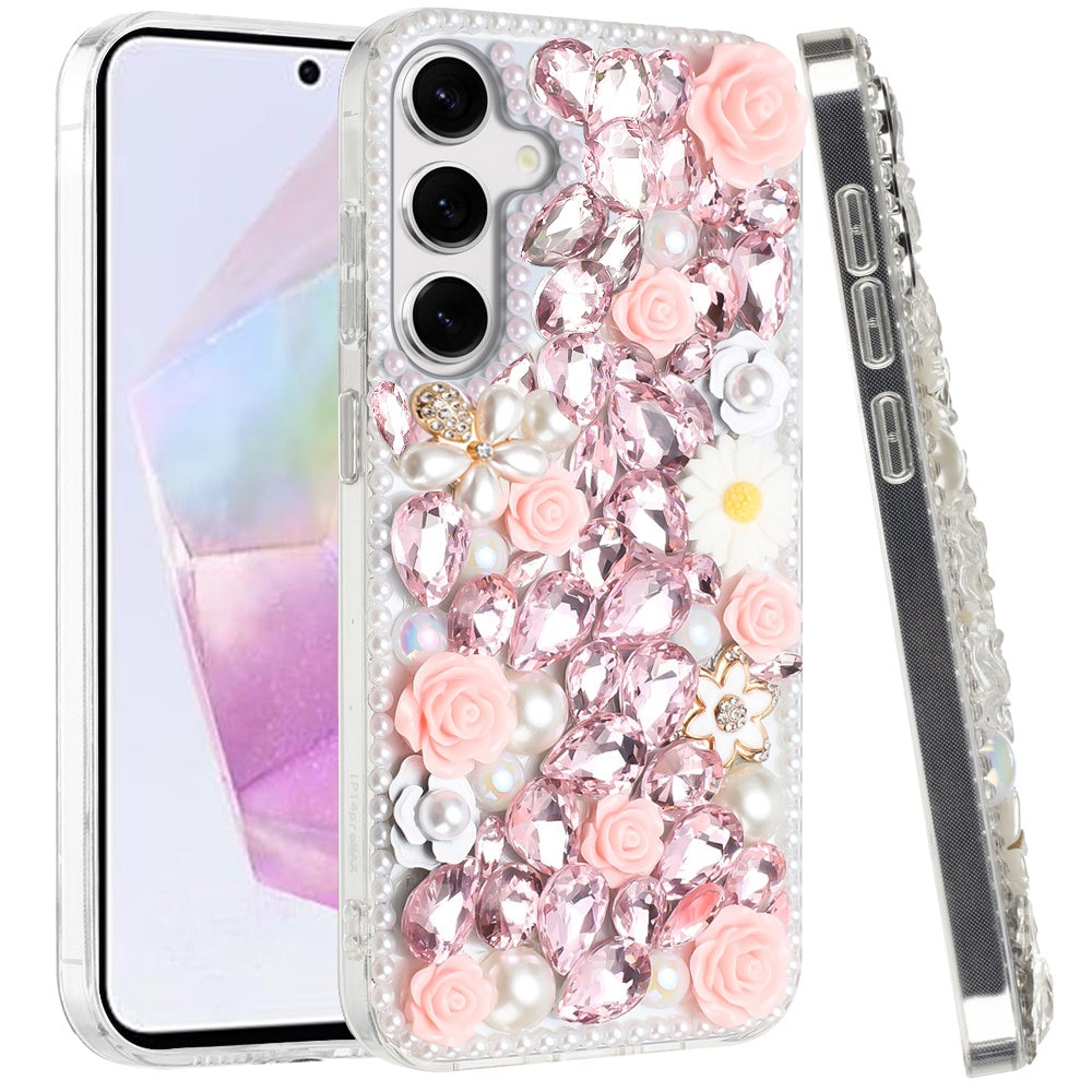 For Samsung Galaxy A36 Fashion Rose Flower Floral Bling Crystal 3D Full Diamonds Pearl Sparkle Rhinestone Glitter Hybrid Case Cover