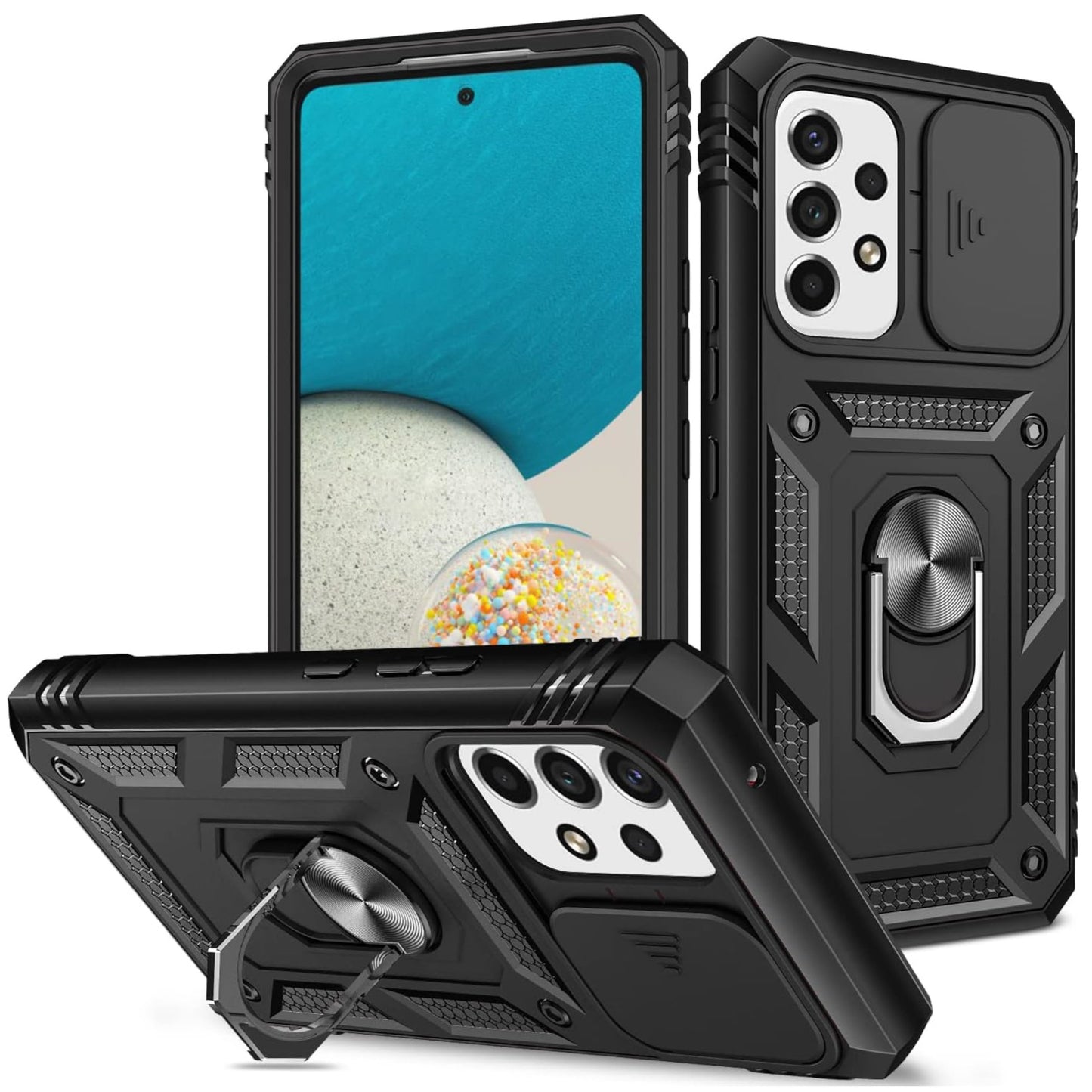 For Samsung Galaxy A37 5G Hybrid Shockproof, Built-in Sliding Camera Lens Protection with Magnetic Finger Ring Stand Holder Case Cover
