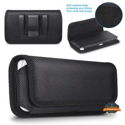 For Apple iPhone 16 Pro (6.3") Nylon Canvas Fabric Waist Belt Holster Horizontal Pouch Holds Large Phone Works with Thick Cases Universal Cover [Black]