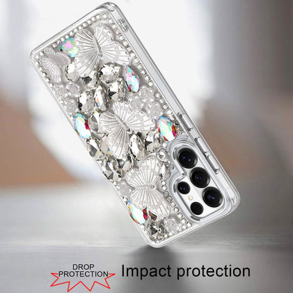 For Samsung Galaxy S26 Ultra 3D Diamond Floral Butterfly Bling Stone Hybrid, Sparkly Rhinestone Gemstone Back Shockproof Case Cover