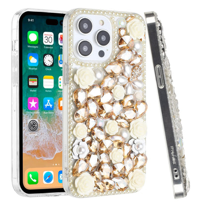 For Apple iPhone 15 Pro Max Fashion Rose Flower Floral Bling Crystal 3D Full Diamonds Pearl Sparkle Rhinestone Glitter Hybrid Case Cover