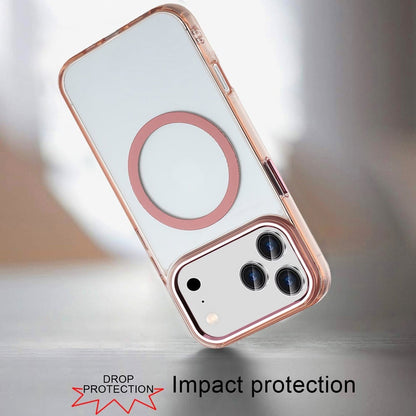 For Apple iPhone 17 Pro (6.3") Transparent Back Hybrid Case - Magnetic Circle, Color Frame, Metal Buttons, MagSafe Compatible Case Cover
