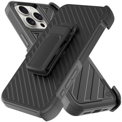 For Apple iPhone 16 Pro Max (6.9") Combo Hybrid lined with Belt Clip Holster Armor Shockproof Rugged Textured 2in1 Non Slip Tough Case Cover Black / Gray