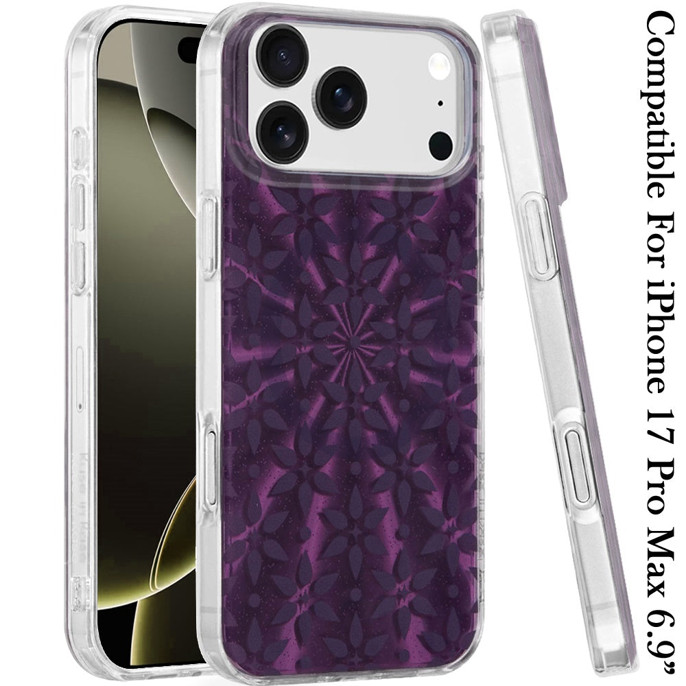 For Apple iPhone 17 Pro Max Stylish Pattern Fashion IMD Printed Design TPU Double Layer Slim Shockproof with Magnetic Back Case Cover Flowers Mandala Purple