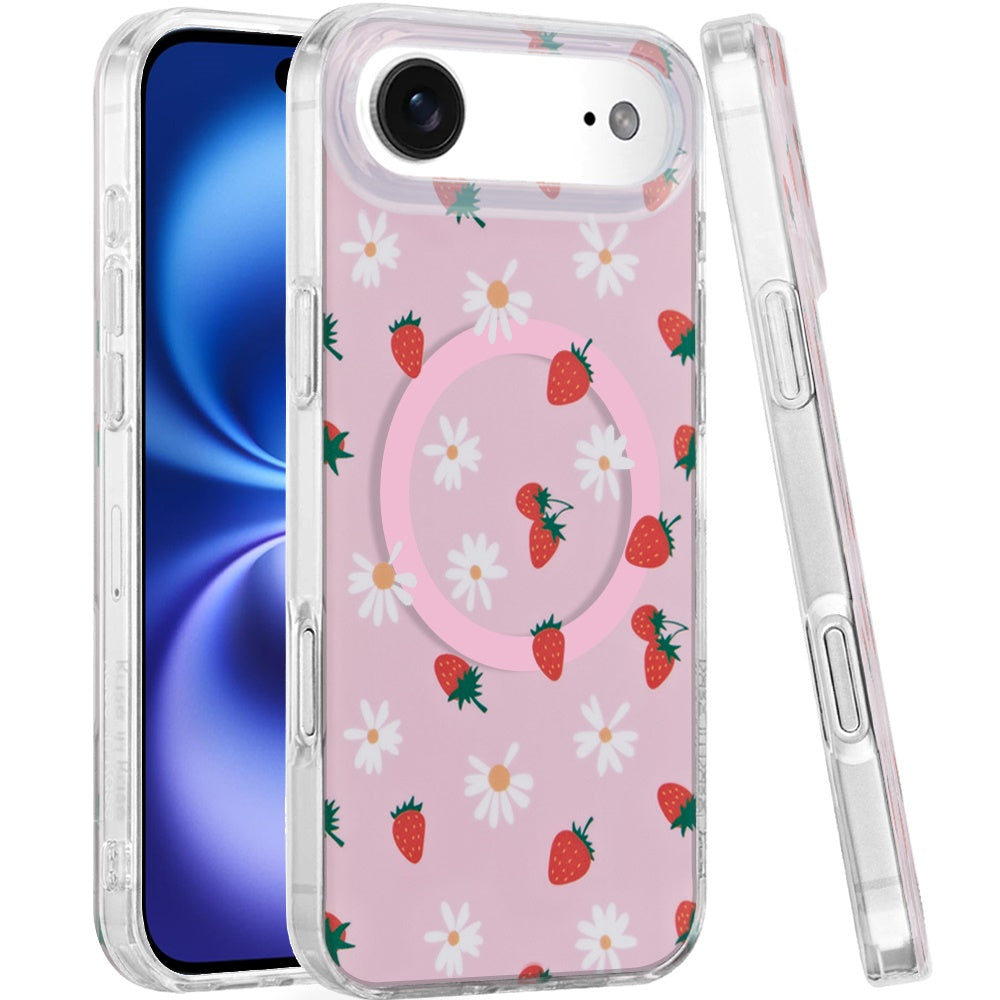 For Apple iPhone 17 Pro Max Stylish Pattern Fashion IMD Printed Design TPU Double Layer Slim Shockproof with Magnetic Back Case Cover Strawberry Daisy