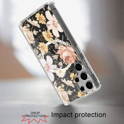 For Samsung Galaxy S25 Ultra Hybrid Flower Design Stylish Fashion Case, MagSafe Compatible, Thick Shockproof Hard PC Case Cover