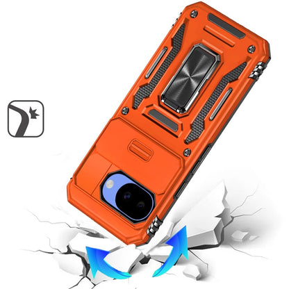 Phone Case for Google Pixel 10A Tough Metal Ring Shockproof Sliding Camera Window Hybrid Armor Rugged Anti Slip Heavy Duty Grip Cover Cosmic Orange