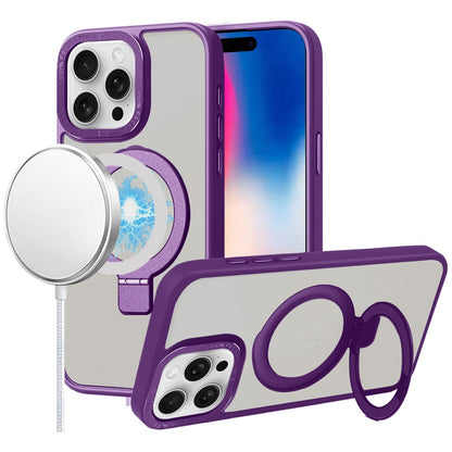 For Apple iPhone 16 Pro Magnetic Metal Matte Built-in Compatible with MagSafe Kickstand Hybrid Shock Armor TPU Case Cover Purple
